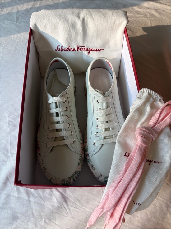 Salvatore Ferragamo Shoes - Salvatore Ferragamo White Leather Lace-Up Sneakers with Floral Trim BORG CUBE